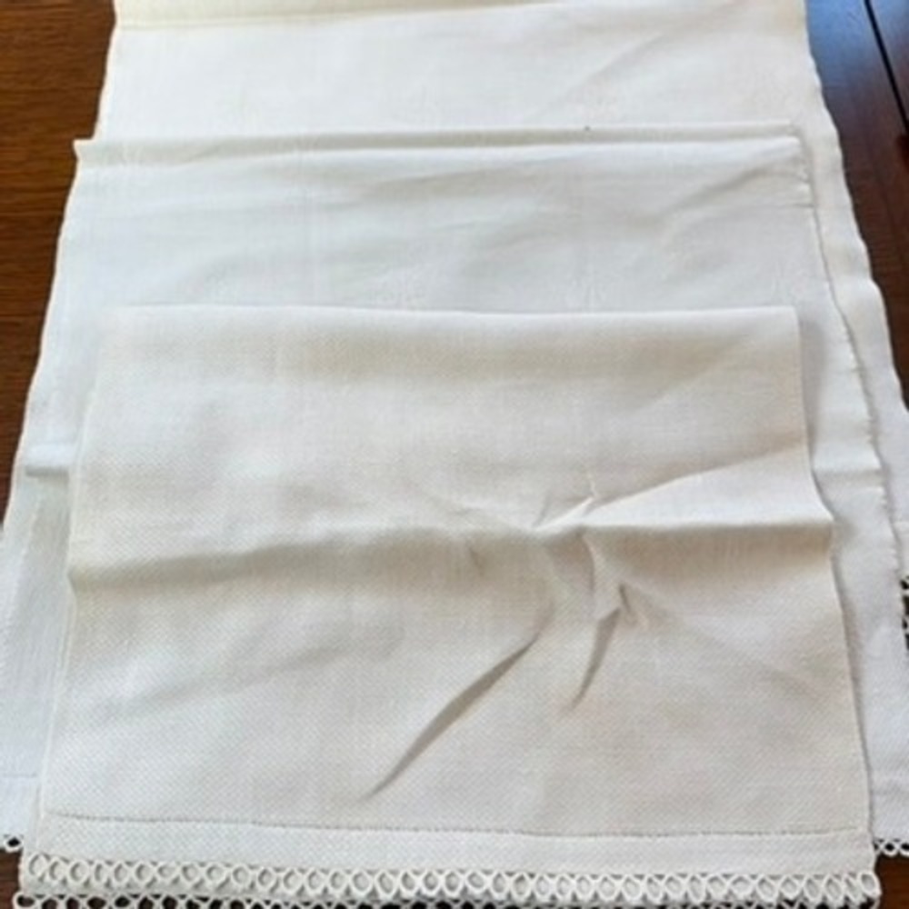 Set of 3 Vintage White Linen Table Runners Damask Fleur de Lis